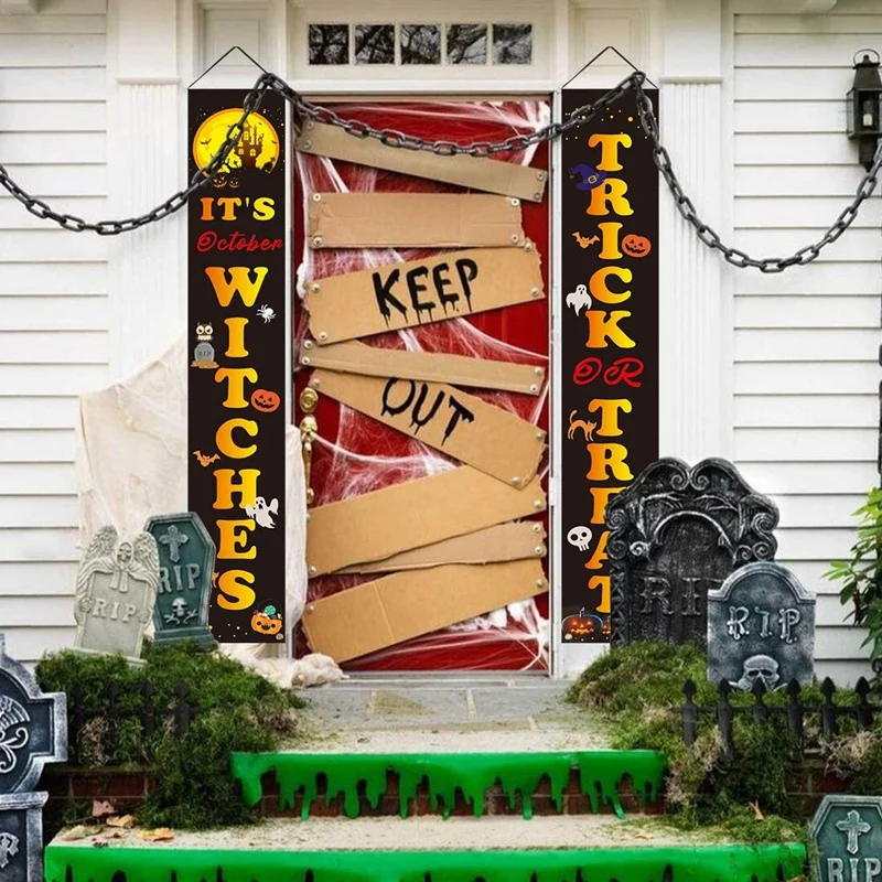 

Halloween Trick or Treat Banner It's Witches Hanging Porch Sign Banner for Halloween Gate Garden Home Party Decorations