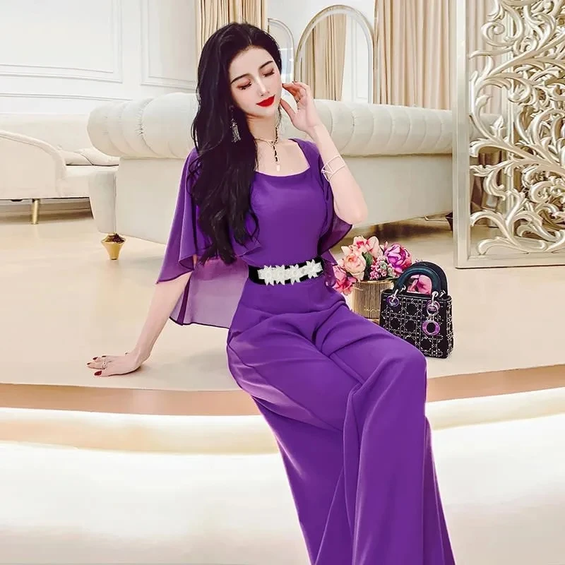 

2022 Summer Women's Pure Color Chiffon Jumpsuits Ladies Casual Lady High Waist Half Cape Sleeved Jumpsuits