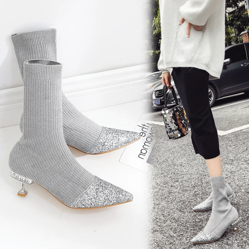 2019 зимние женские носки ботильоны повседневные ботинки на низком каблуке 5 см