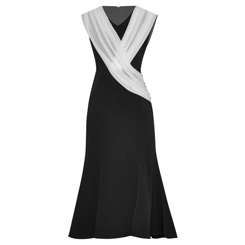 

QUALITY Newest HIGH 2021 Fashion Runway Dress Women's V-Neck Sleeveless Drape Patchwork Vintage Dress