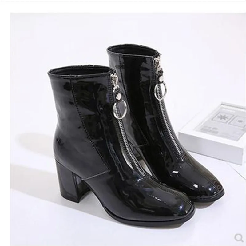 

2020 New Autumn Black Patent Leather Boots Women Fashion Zipper Womens Square Toe Boots Chunky Heel Drop Shipping