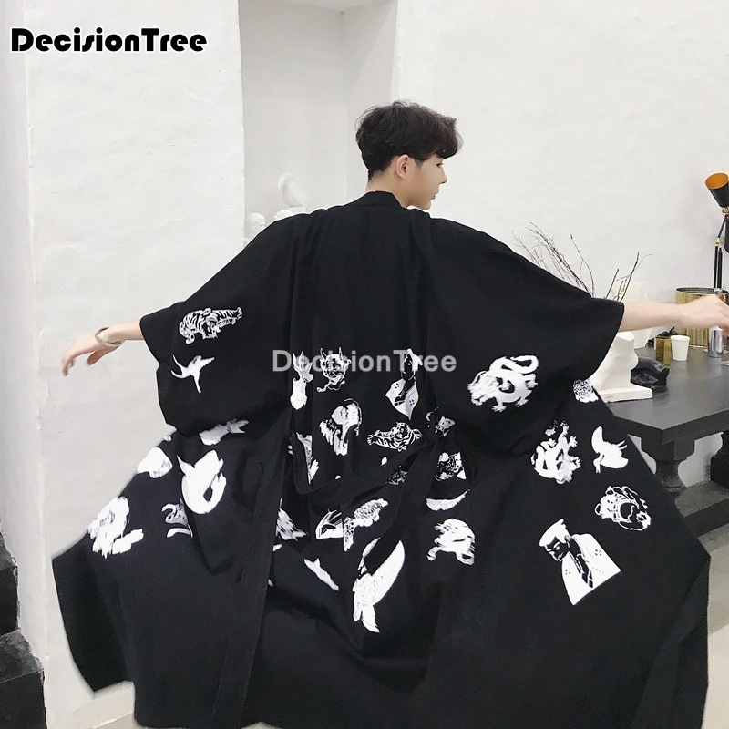 

2021 yukata haori men japanese jacket kimono cardigan men samurai costume clothing men long black print kimono shirt
