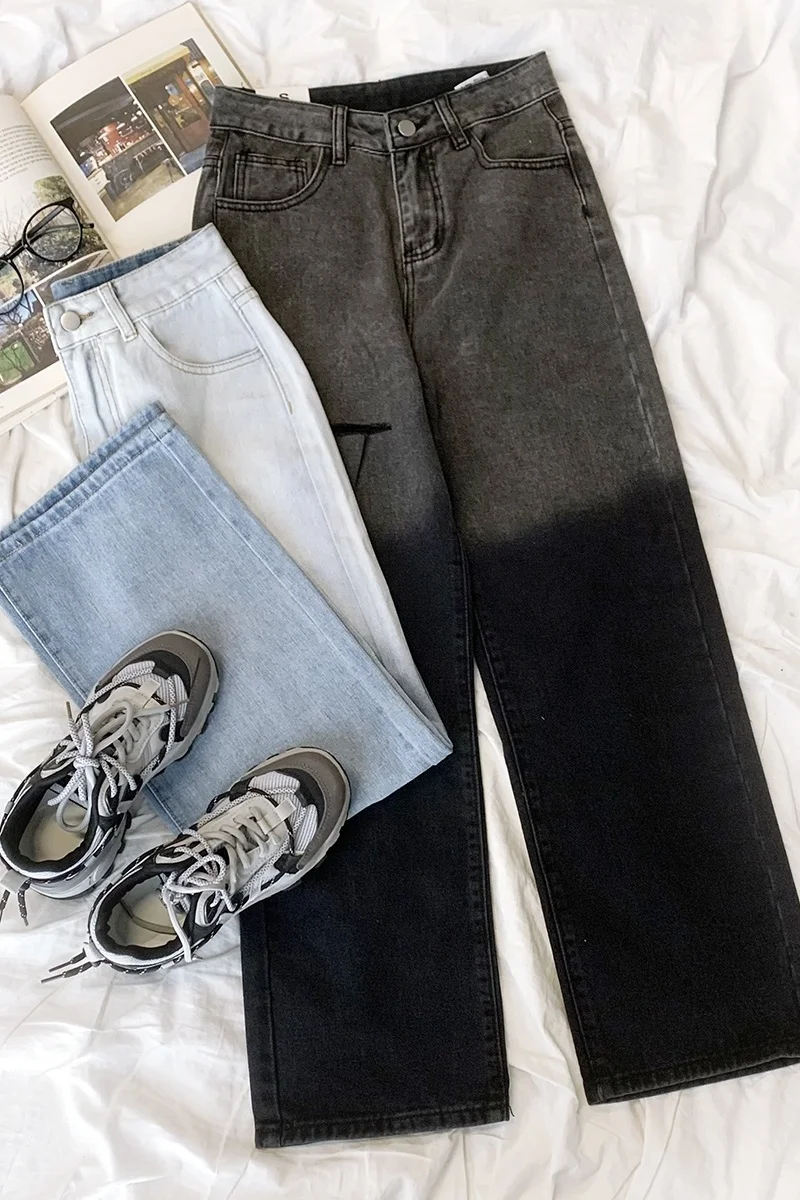 

Gradual Change Layered Women Jeans Woman Holes Hollow Out Design Feeling High Waist Loose Thin Straight Denim Pant