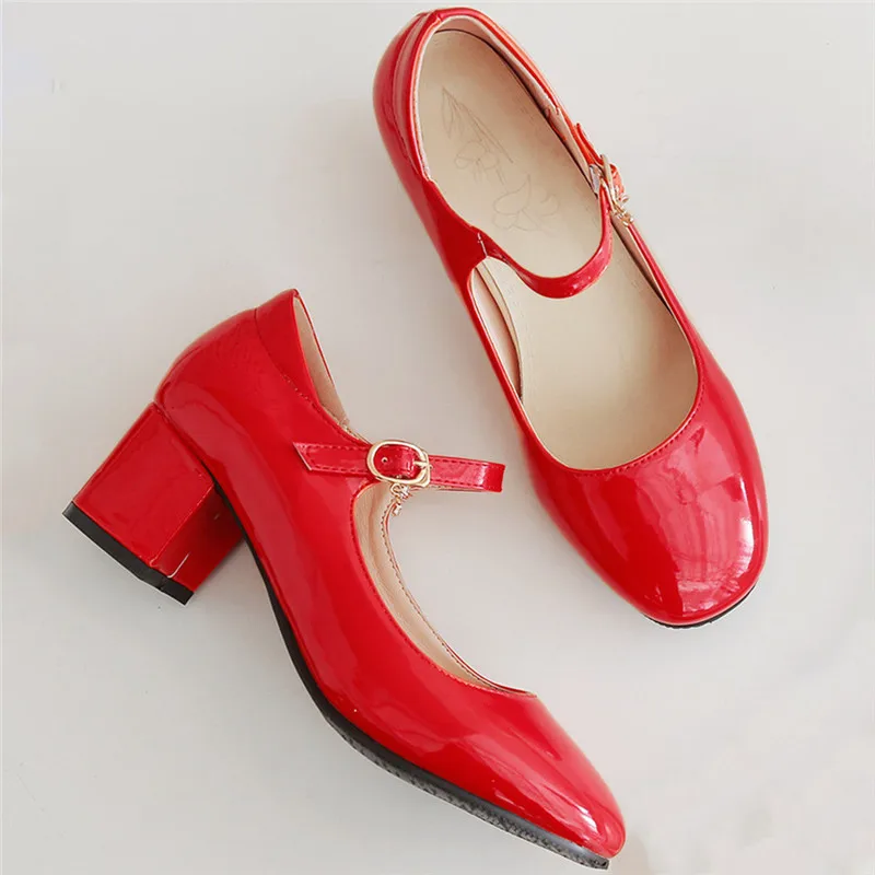 

Block Heels Women Pumps Round Toe Medium Heel Buckle School Shoes Spring Patent Leather Mary Jane Shoes Red Big Size 10 41 42 43