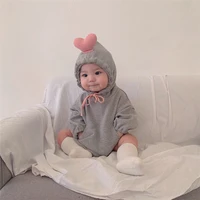 infant baby rompers kid toddler lovely 3d pink heart hooded clothes grey color costume kids bodysuit for spring autumn