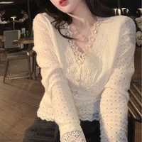 casual lace v neck blouse women 2021 spring long sleeve party sexy base shirt female korea style elegant office lady slim tops