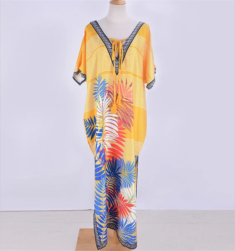 

Women's Bikini Cover Up Long Yellow Floral Boho Maxi Robe De Plage Beach Dress V Neck Sarong Swim Dresses Pareos De Playa Mujer