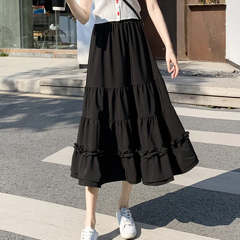 

TIGENA Black White Chiffon Long Skirt Women 2021 Summer Fashion Tiered Fungus A Line High Waist Mid-length Skirt Female Ladies