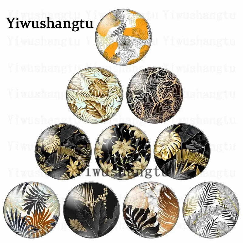 

New gold leaf greenery nice painting 12mm/20mm/25mm/30mm Round photo glass cabochon demo flat back Making findings