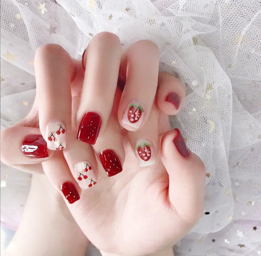 Готовый продукт 24 листа/набор искусственные накладные ногти милая Клубника