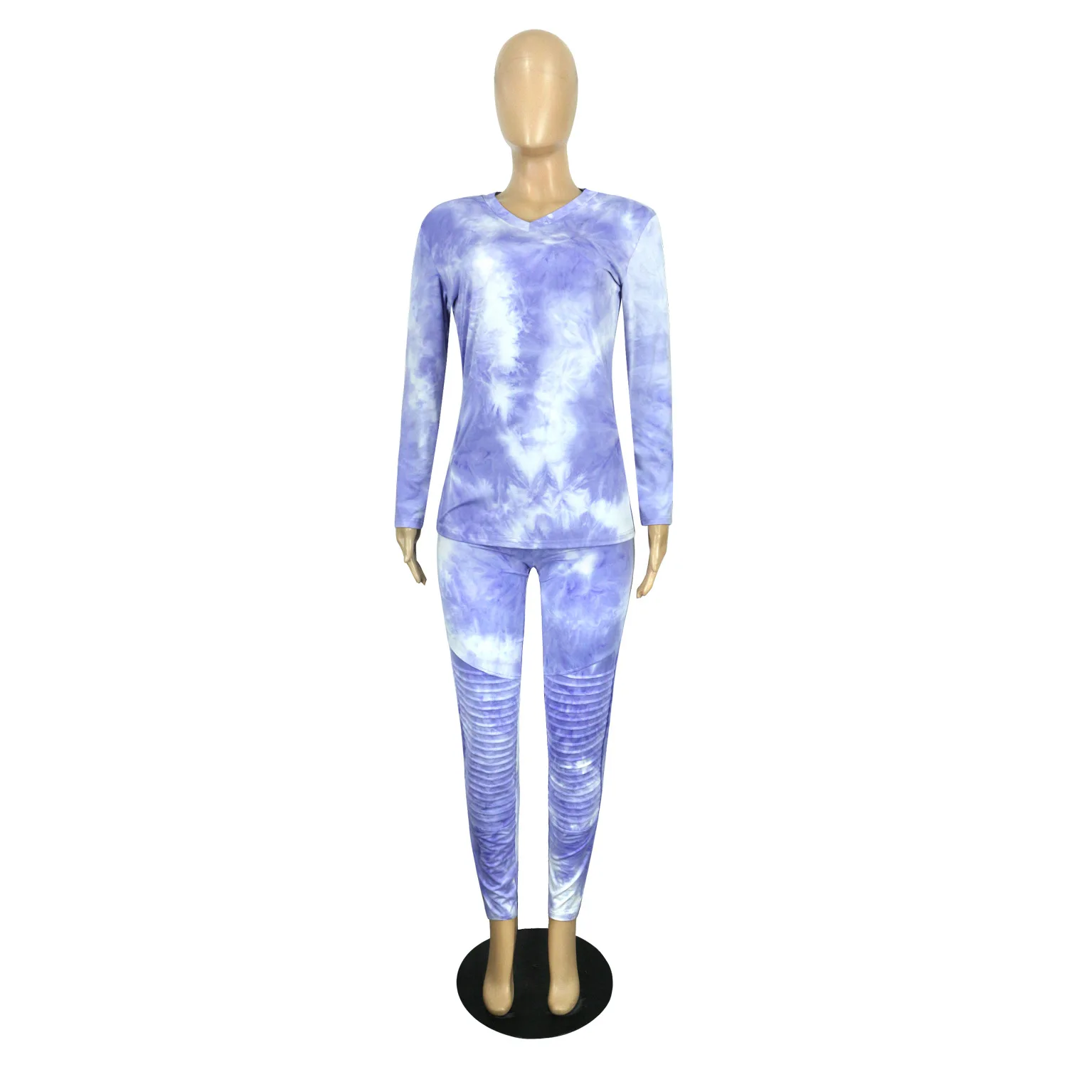 

FNOCE 2021 new spring women's sets tracksuits sprotswear fashion trends tie-dye long sleeve v-neck tops tight pants 2-pc suits