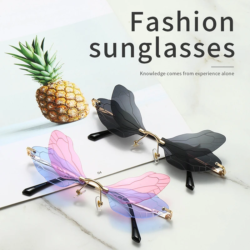 

Fashion Rimless Dragonfly Wing Sunglasses Women Vintage Clear Ocean Lens Eyewear Men Pink Yellow Sun Glasses Shades Creative