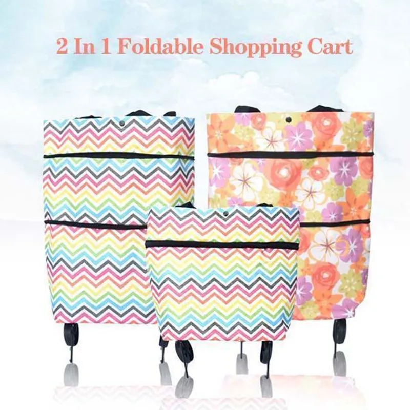 

Foldable Shopping Cart 2 In 1 Used As Tote Bag Or Shoulder Bag Light Weight Oxford Cloth Material With Wheels Reusable Grocery