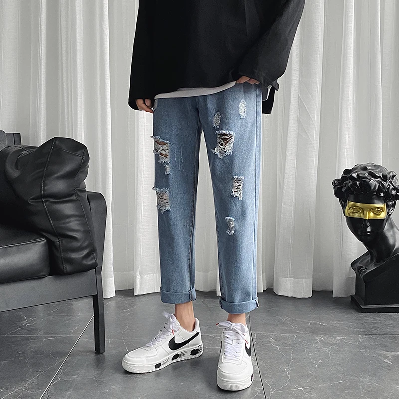 Ripped Jeans Men's Fashion Washed Retro Casual Loose Straight Hole Jean Pants Men Streetwear Hip Hop Denim Trousers Mens