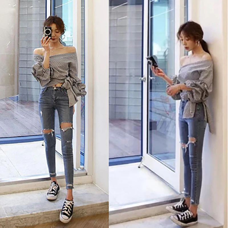 Рваные джинсы для женщин новинка 2020 Стильные узкие брюки с высокой талией