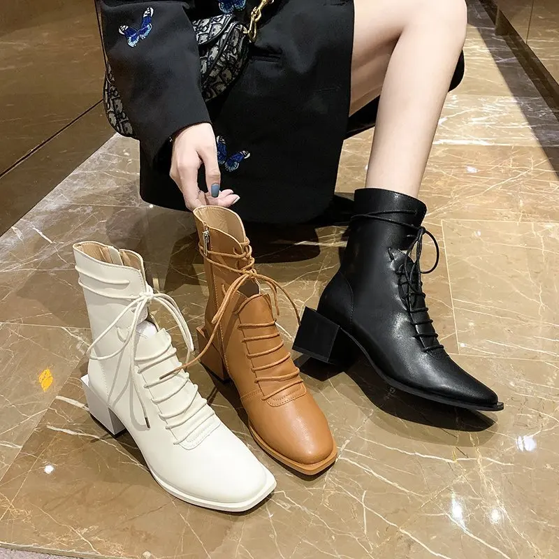 

Plus Size 40 Ankle Boots Women Platform High Heels Women's Boots Shoes Thick Heel Short Boot Ladies black White p202