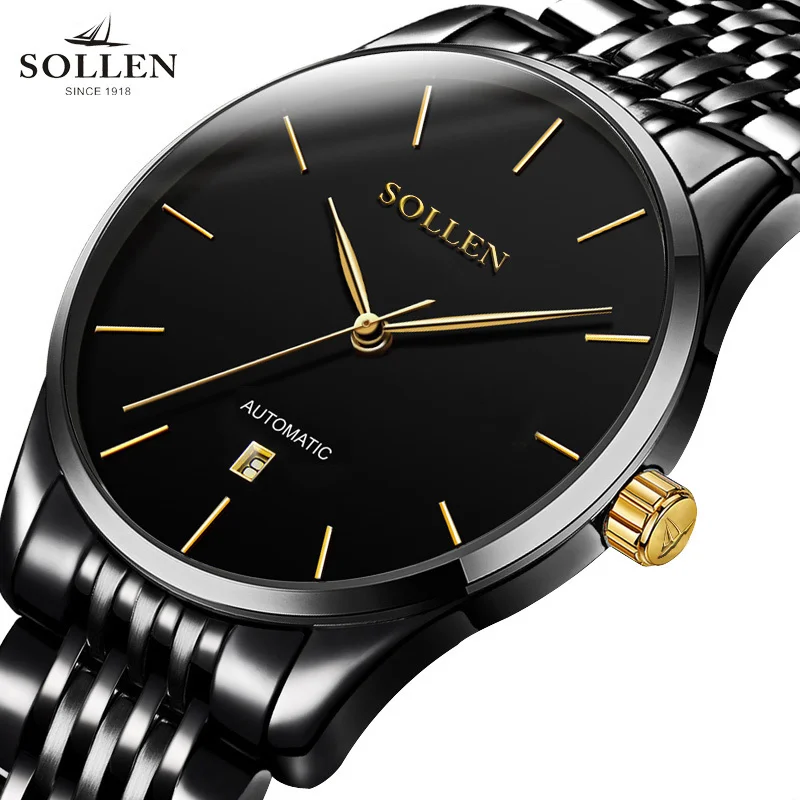 

Switzerland Luxury Brand SOLLEN Automatic Mechanical Watches Men Sapphire Waterproof Auto Date Ultra-thin Clocks SL9008