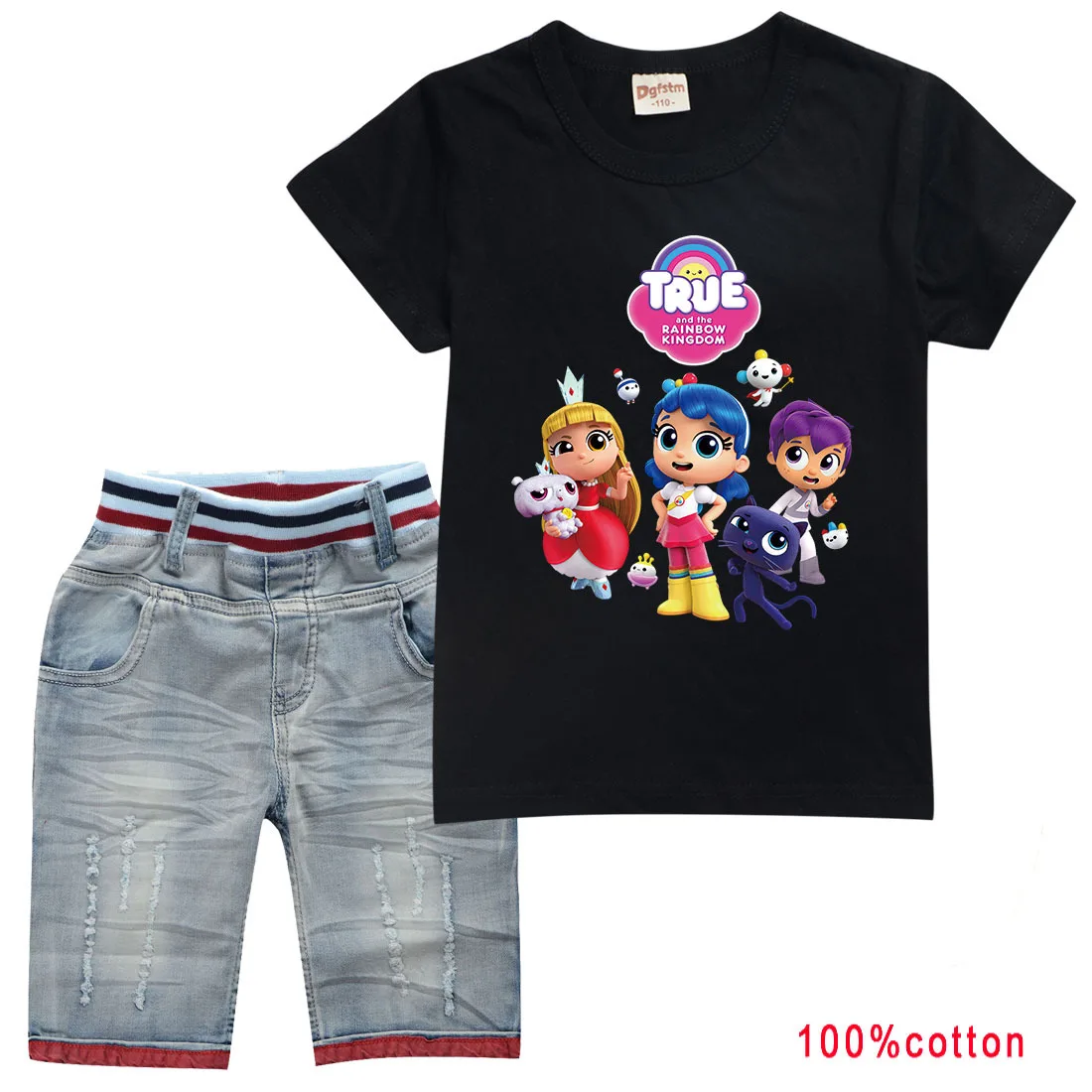 

Kids Rainbow Kingdom T Shirt Baby Boys Striped Short Sleeve Tshirts Denim Shorts 2pcs Outfits Toddler Girls Summer Clothing Sets