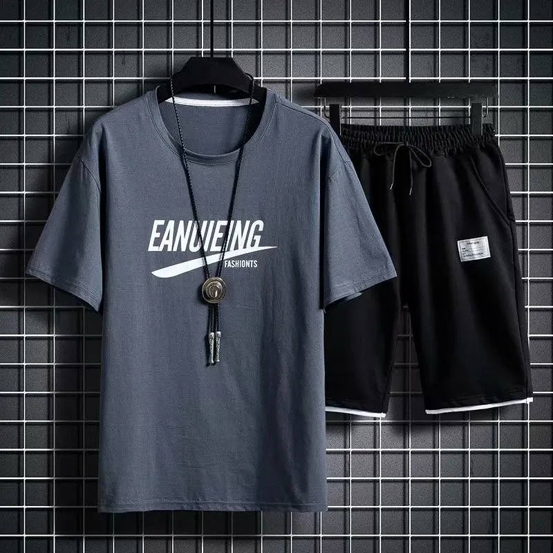 

Fashion Streetwear Men's Set Jogging Suits for Men Harajuku Tracksuit Men Sport Suit O-neck T-shirts Black Shorts 2 Piece Set