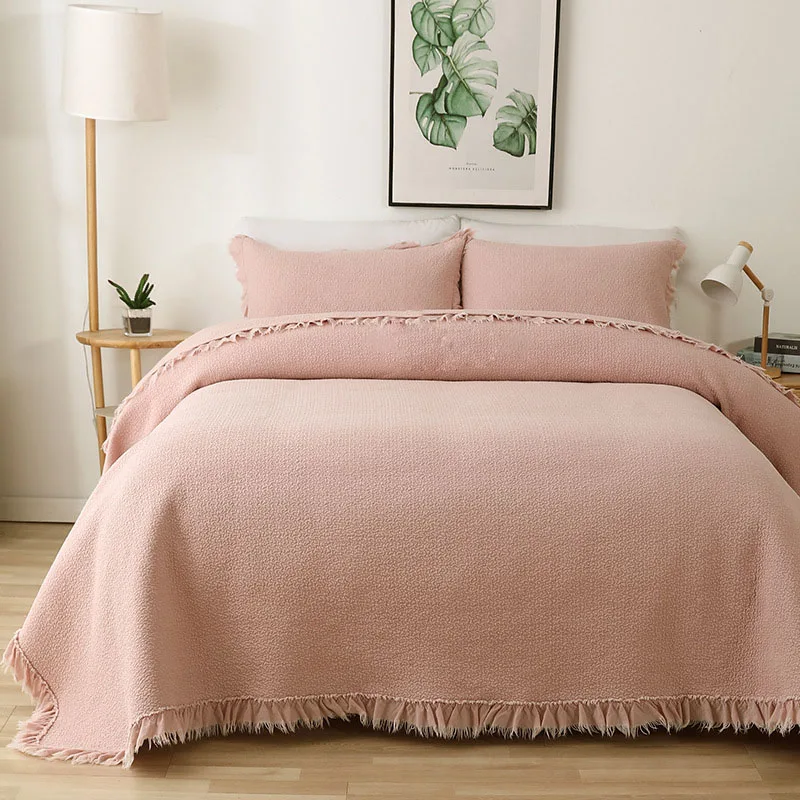 

Korean Blanket Solid Cotton Quilt Set 3PC Bedspread on the Bed Sand Washing Quilted Bed Cover Queen Size Lace Edge Coverlet