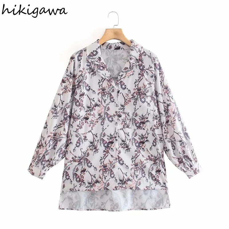 

Hikigawa blouse fashion floral print mid length casual shirts turn down collar long sleeve straight high street blusas tops