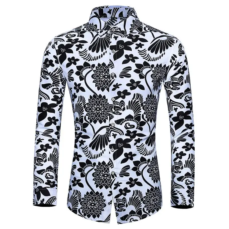 

Blouse Mens dress Shirts Flower Hawaiian Casual Shirt Men's Clothing Camisa social Long sleeve Plus size White Black
