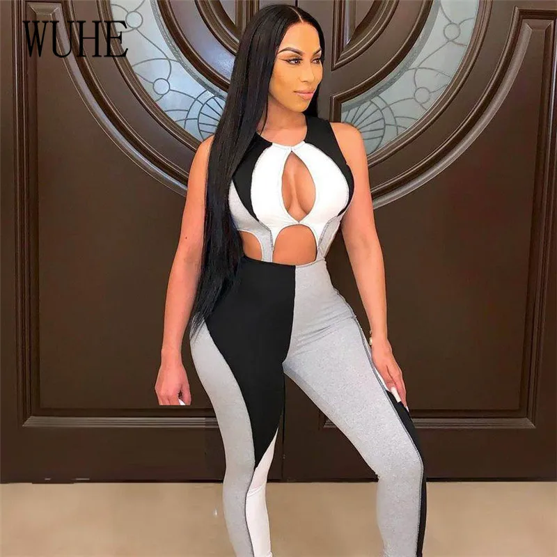 

YEYA Hollow Out Color Block Stitching Bandage Jumpsuit Women Backless Sexy Bodysuit Summer Off Shoulder Sleeveless Party Romper