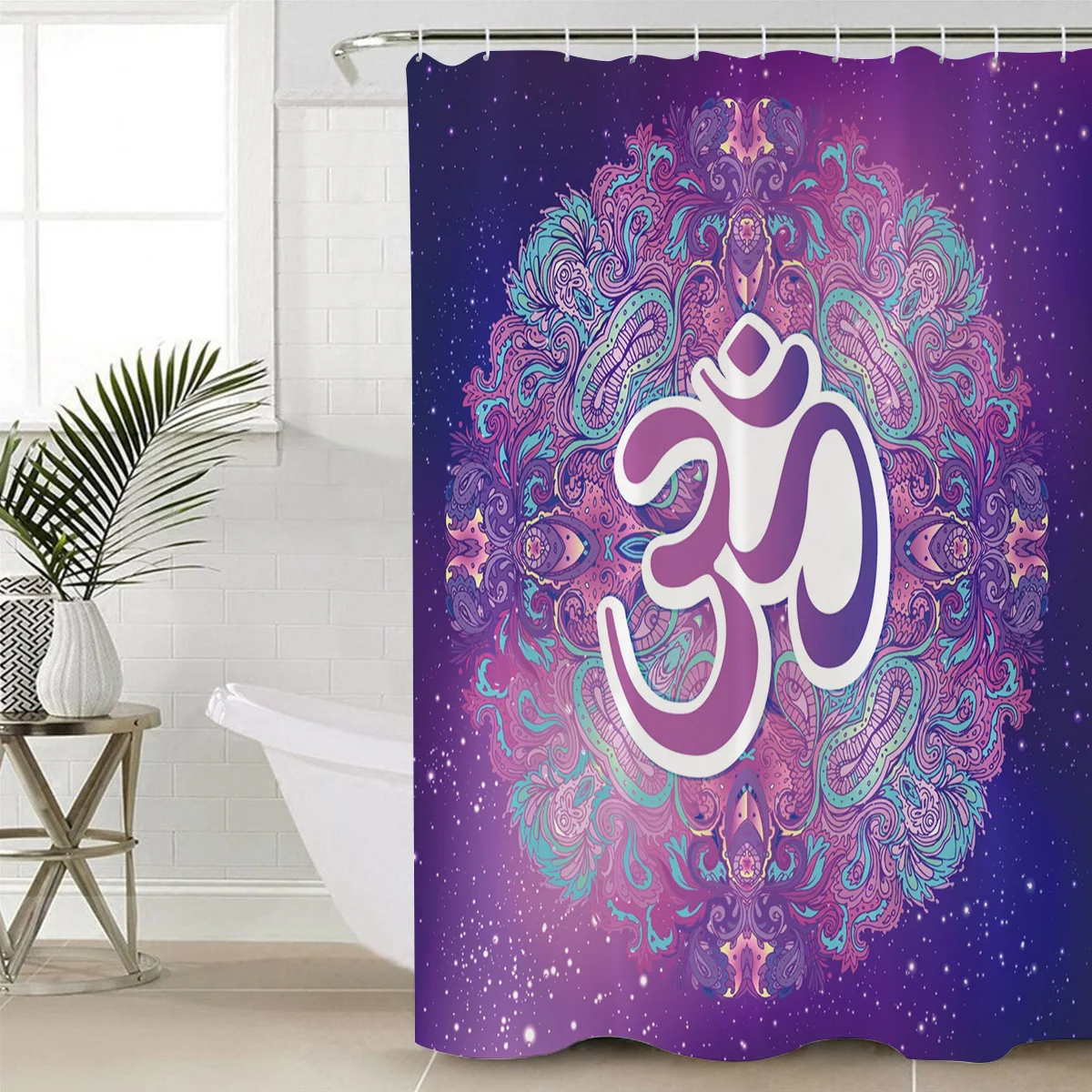 Индийская неоновая душевая занавеска с фиолетовым узором Ohm Symbol Diwali Mandala s
