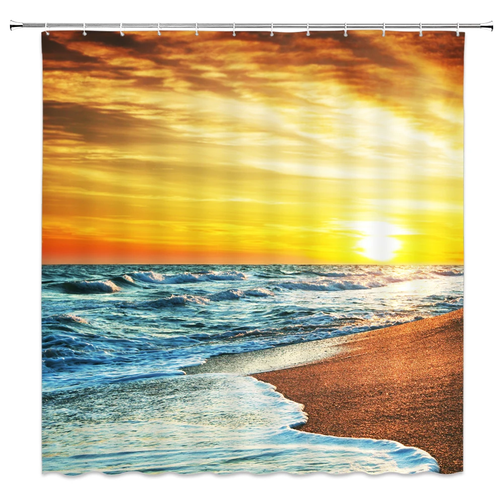

Summer Ocean Beach Shower Curtains Shell Sea Wave Sunset Landscape Bathroom Decor Waterproof Mildew Proof Cloth Curtain Set