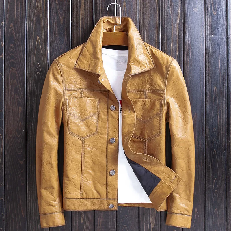 

Men's Sheepskin Coat Genuine Leather Jacket Men Yellow Vintage Motorcycle Jacket Spring Autumn Deri Mont WpJY815 KJ4121