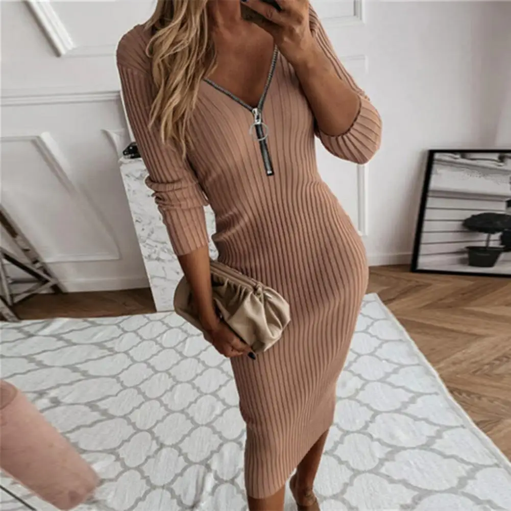 

Women Dress Zipper V Neck Slim Autumn Winter Pure Color Knitting Dress Knitting Mid-Calf Dress