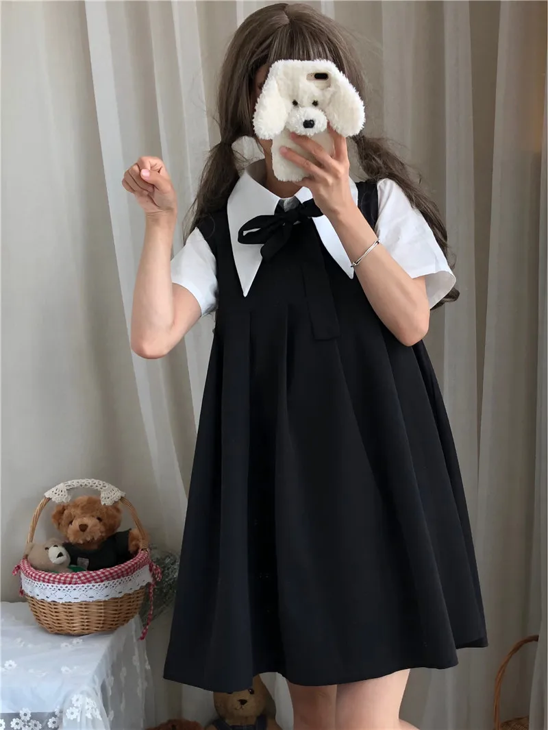 Женское платье JSK без рукавов и белая рубашка блузка с коротким рукавом бантом