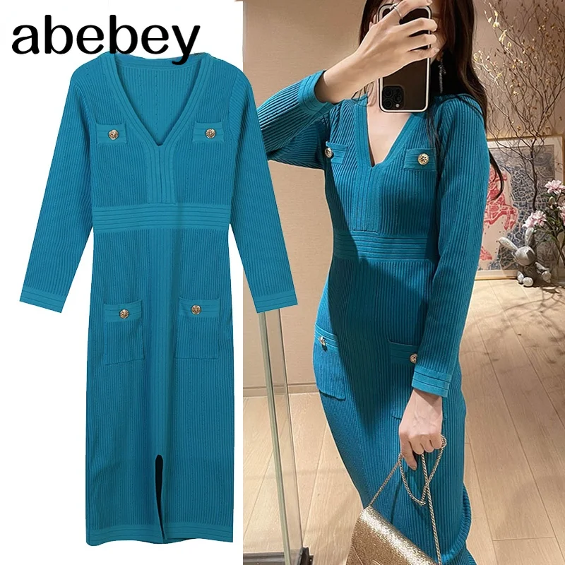 

2021 Autumn Winter Sweater Dress Women Sexy V-Neck Long Sleeve Button Up Elegant Solid Vintage Bodycon Party Night Dresses Femme