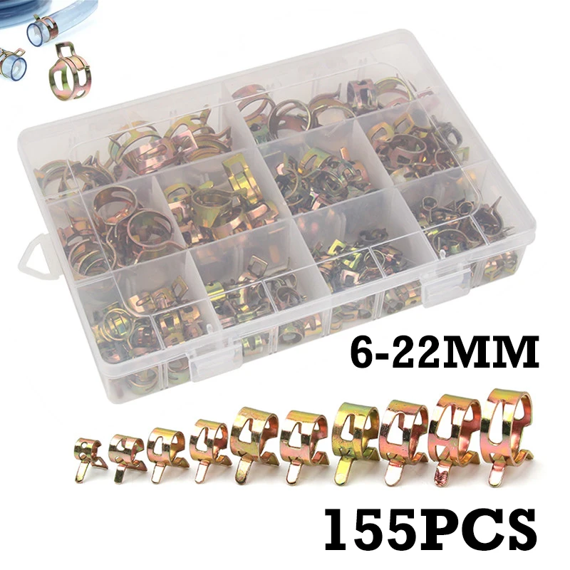 

155PCS 6-22mm Car & Truck Spring Clips Fuel Oil Water Hose Clip Pipe Tube Clamp Fastener Assortment Kit
