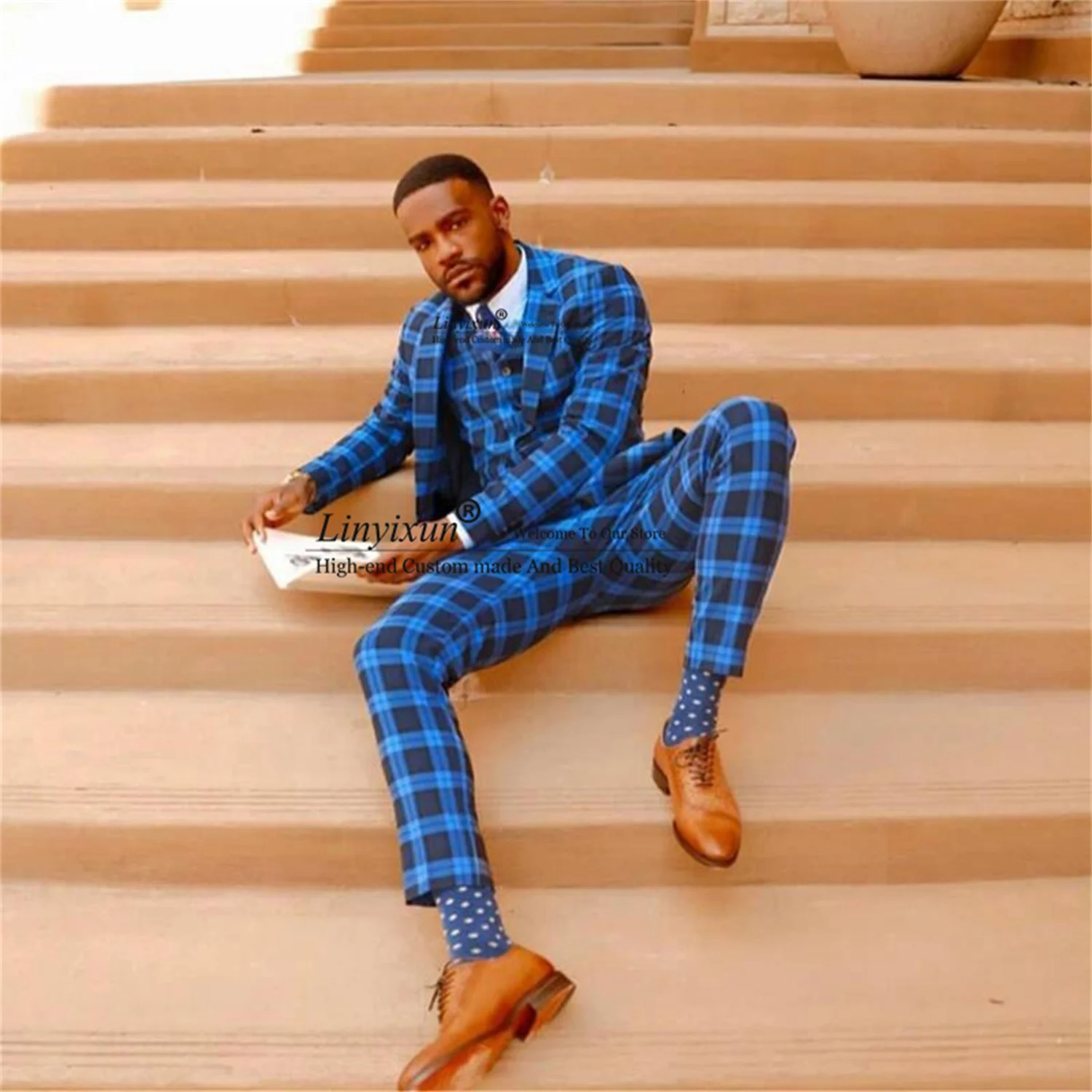 

Blue Plaid Mens Suits For Wedding 3 Pieces Jacket Vest Pants Set Groom Wear Tuxedos Tailored Made Business Male Prom Blazer