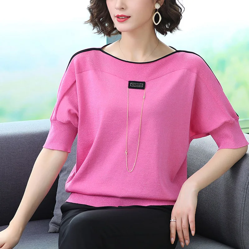 

Casual O-Neck Side Striped Short Sleeve Knitted T-Shirt Women Summer Thin Stretch Knitwear Tops Plus Size 6XL Vintage Jumper