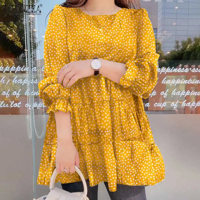 

ZANZEA Retro Polka Dot Blusa Casual Loose O Neck Tunic Fashion Puff Sleeve Ruffle Tops 2022 Autumn Womens Print Blouse