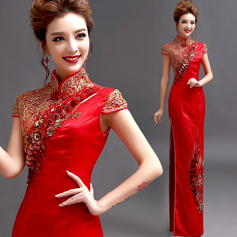 Невесты с коротким рукавом шелковый атлас Cheongsam современный китайский