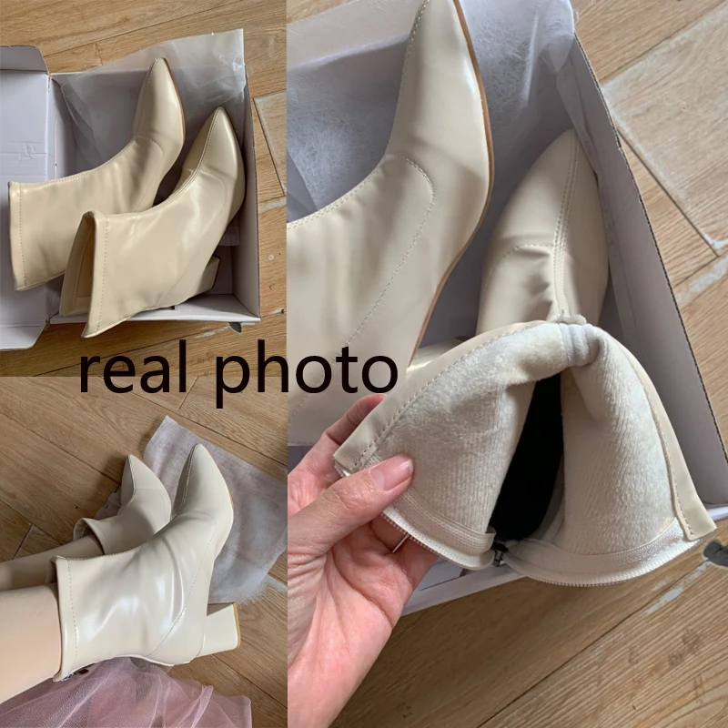 Белые короткие сапоги на высоком каблуке женские осенне-зимние остроносые