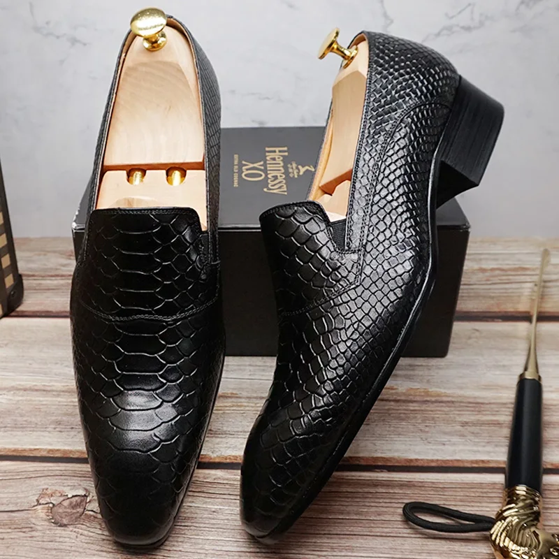 Luxury Men's Loafers genuine leather shoes Snake Skin Prints Shoes Black Brown Slip On Men Dress Party Office Casual | Обувь