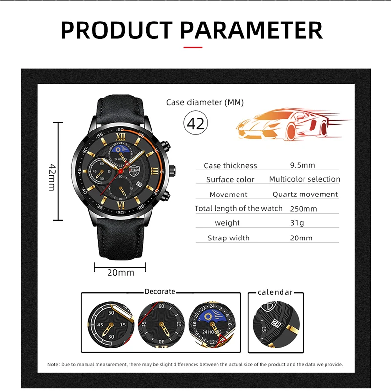 Fashion Mens Sports Watches Man Business Quartz Wristwatch Luxury Black Leather Bracelet Men Casual Luminous Clock Watch 2