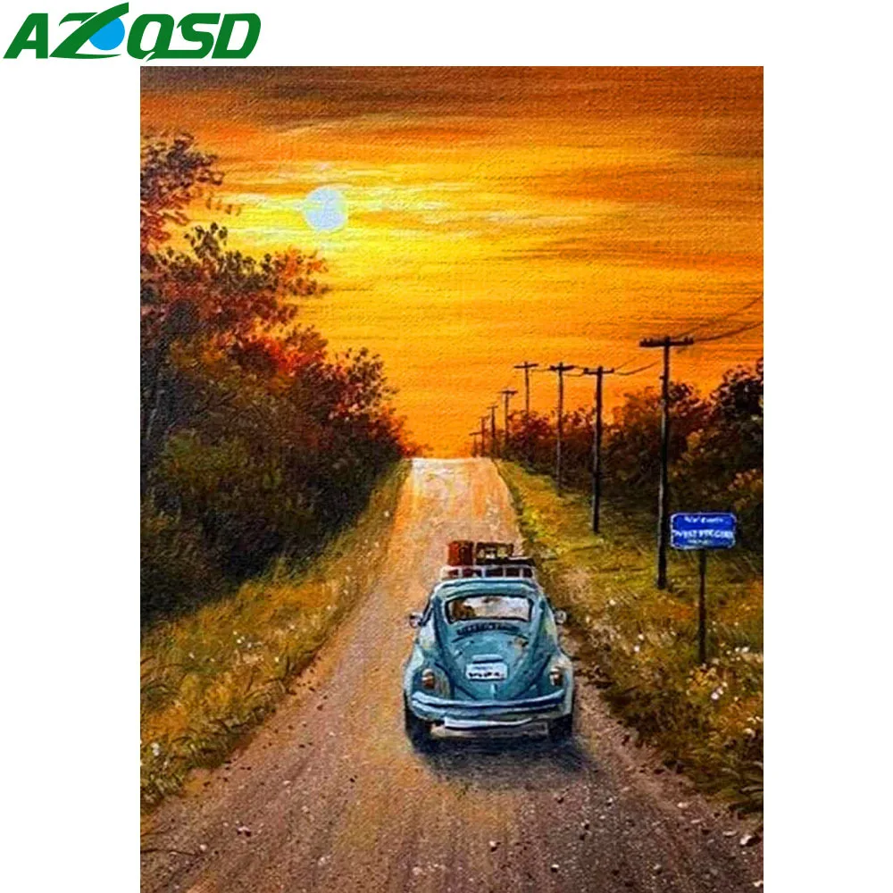 AZQSD Алмазная вышивка автомобиля закат мозаичное ремесло полная квадратная