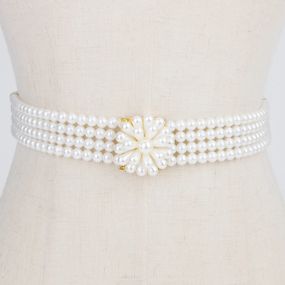 1Pcs  Gold Buckle Elegant White Elasticity Pearl Weave beads Chain belt Beads decorative Waist for ladies/girl Apparel dress