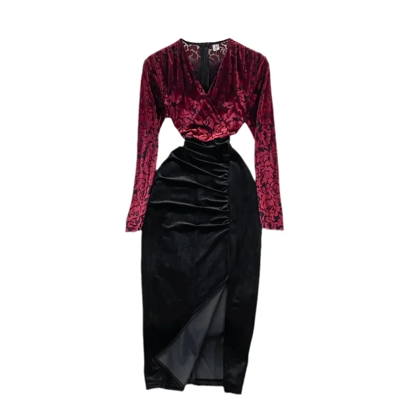 

Spring Autumn Floral Patchwork Velvet Party Bodycon Dress Sexy Red/Black/Blue Female Elegant Long Sleeve Draped Robe Vestidos