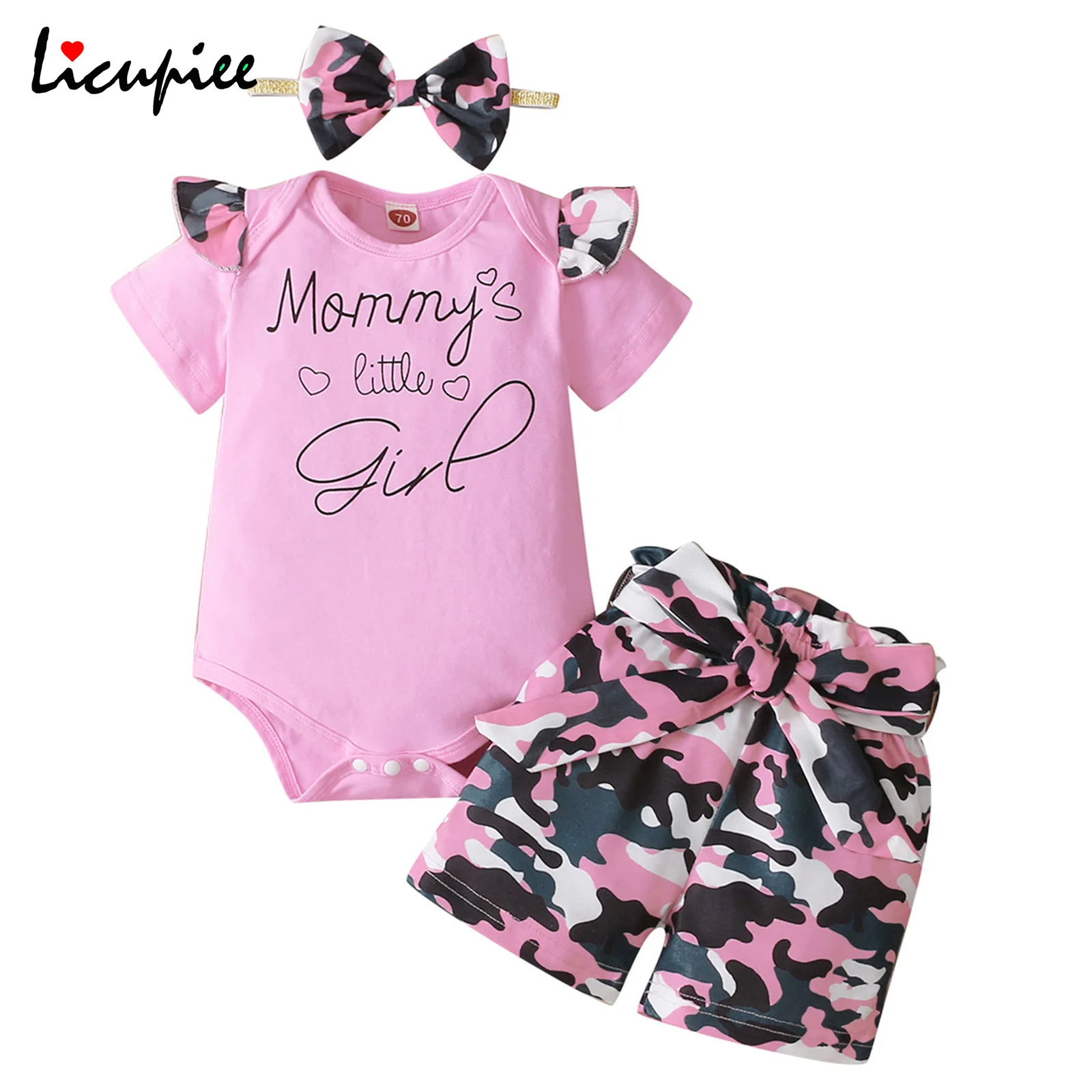 

0-24 месяцев, 3 предмета, Одежда для маленьких девочек летние платья с рукавами-крылышками и круглым воротом комбинезон-боди с надписью + камуф...