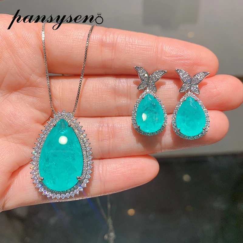 

PANSYSEN Trendy 925 Sterling Silver Water Drop Paraiba Tourmaline Diamond Earrings Pendant Necklace Fine Jewelry Set for Women