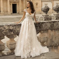 2021 flower appliqued wedding dress elegant cap sleeve v neck sweep train bride dresses backless a line bridal gown