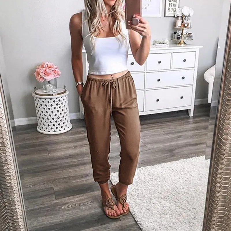 

women's fashion casual solid color high waist nine pants cotton linen loose elastic pants straight nine points harem pants