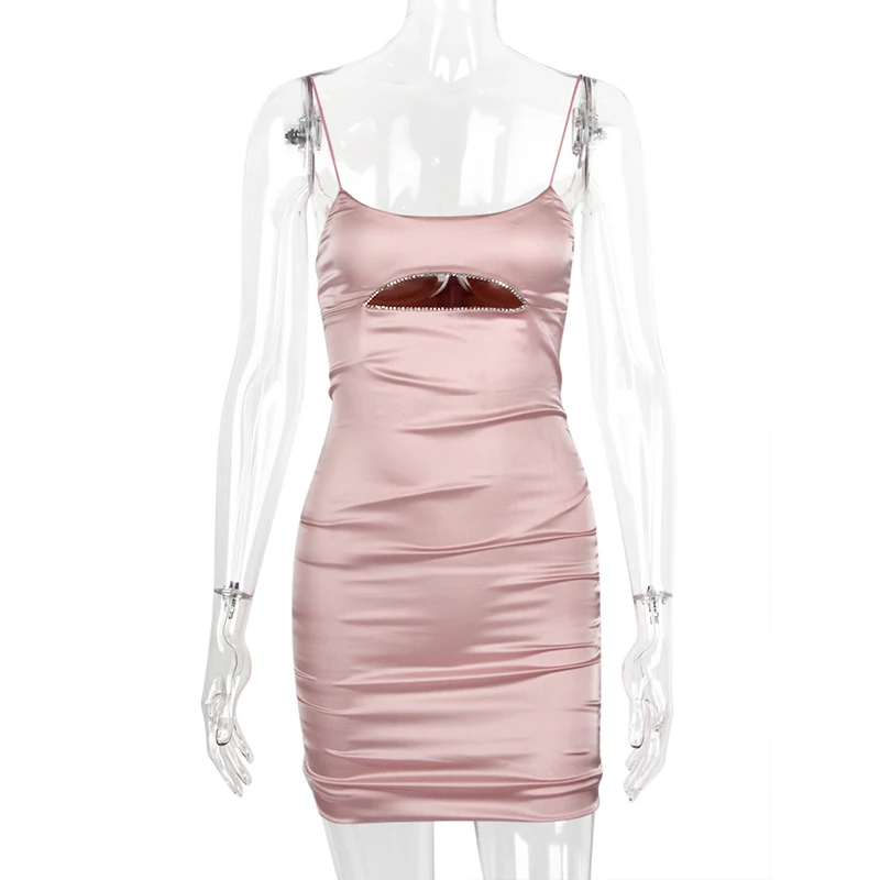 

Diamonds Sexy Mini Dress For Women Hollow Out Bodycon Spaghetti Strap Party Dress 2021 Backless Night Club Green Dress Vestidos