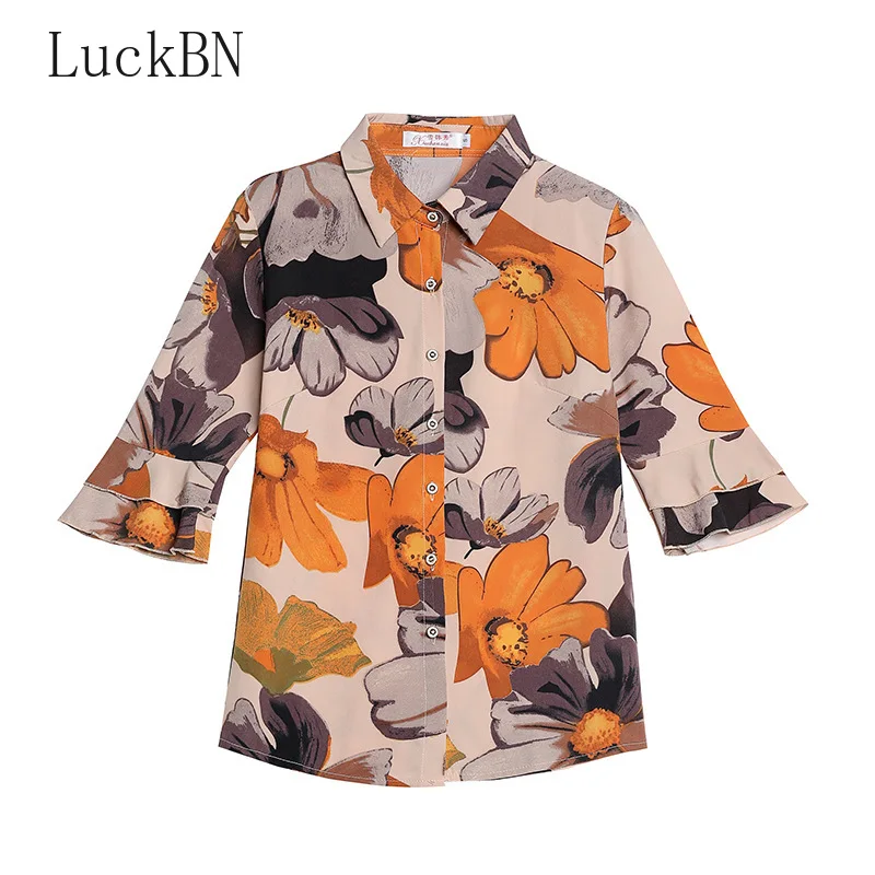 

Korean Fashion Chiffon Women Blouses Print Turn-down Collar Women Shirts Plus Size XXXL/5XL Blusas Femininas Elegante Shirts